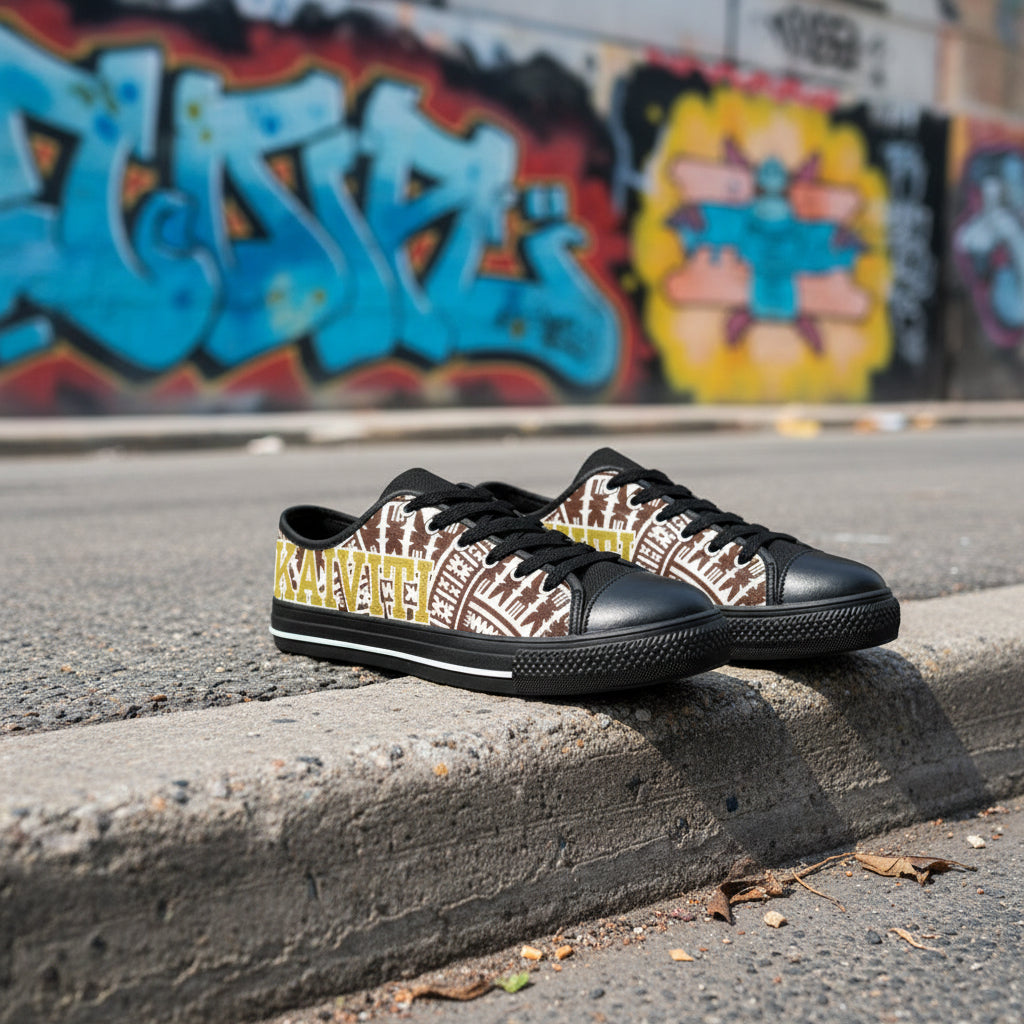 Black sneakers with a fijian tribal pattern and text on a white background
