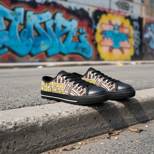 Black sneakers with a fijian tribal pattern and text on a white background