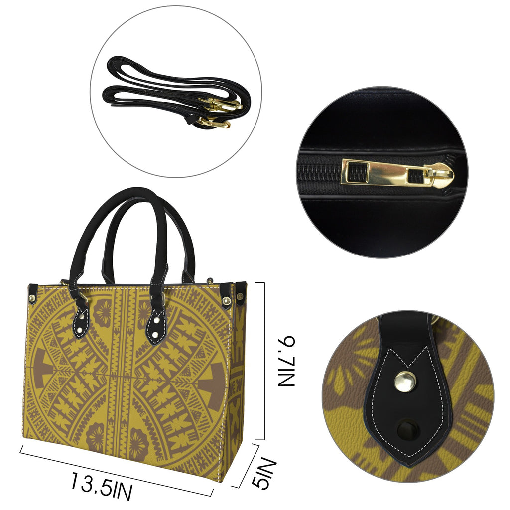 Brown patterned tote bag with black handles and accents, including measurements and close-up details.