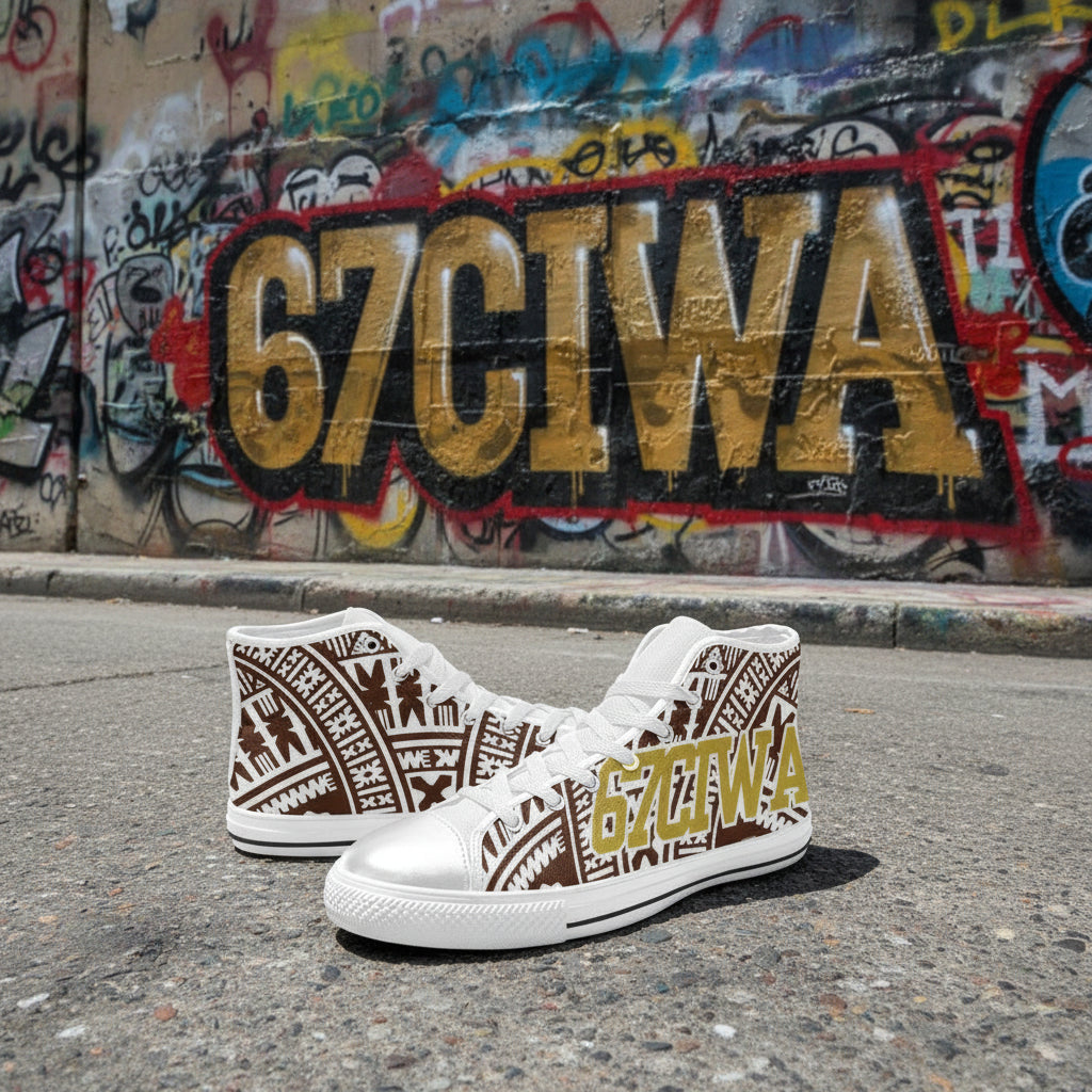 White sneakers with brown tribal pattern and '67CIWA' text on a white background
