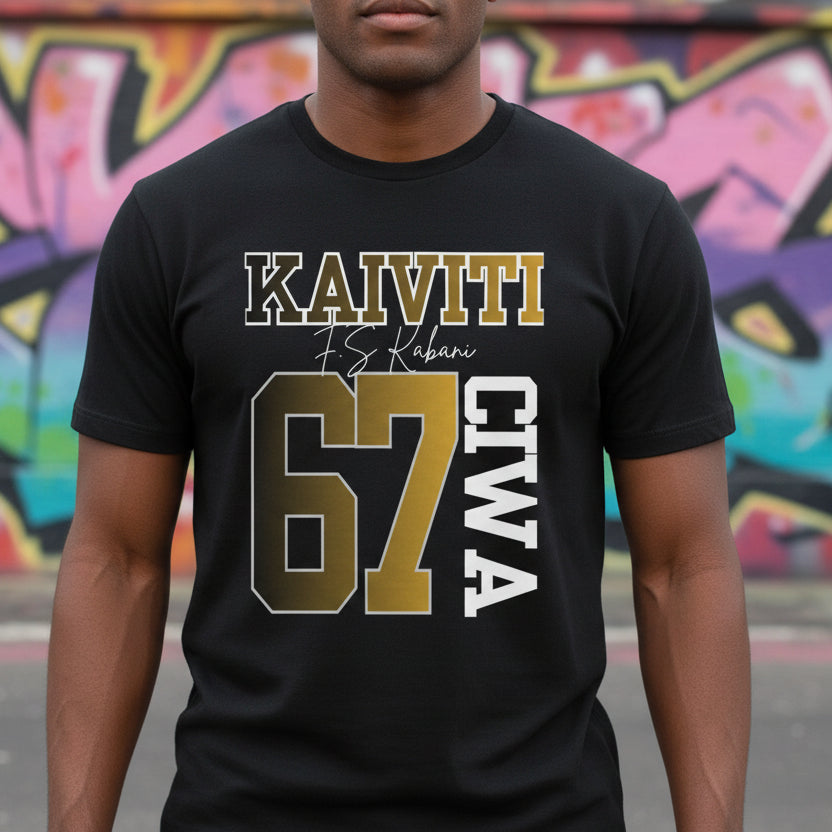 Person wearing a black t-shirt with 'KAIVITI CTWA' printed on it in front of a colorful graffiti wall.