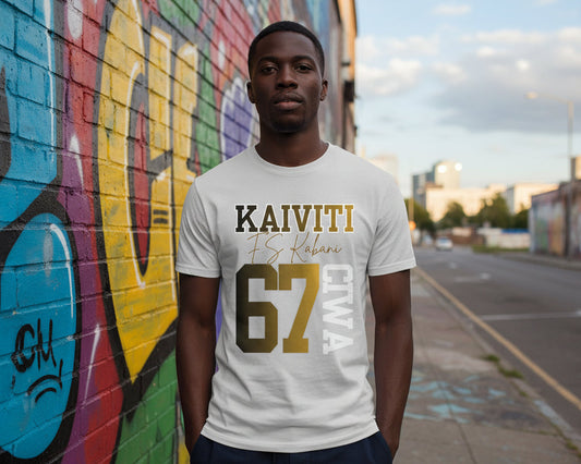 Person wearing a white t-shirt with 'KAIVITI 67CIWA' text standing in front of colorful graffiti.
